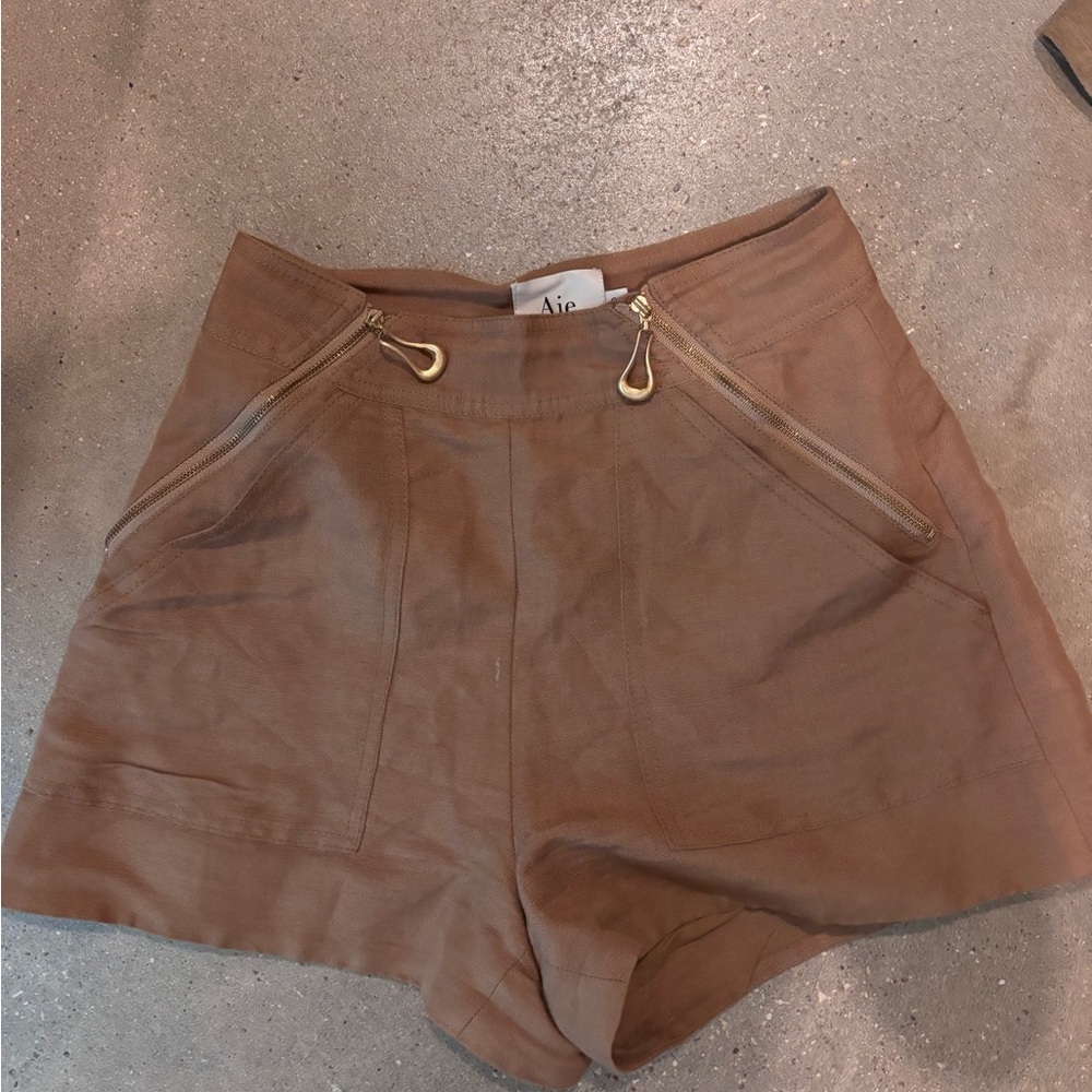 Aje High-Waist Tan Linen-Blend Shorts with Gold Zips